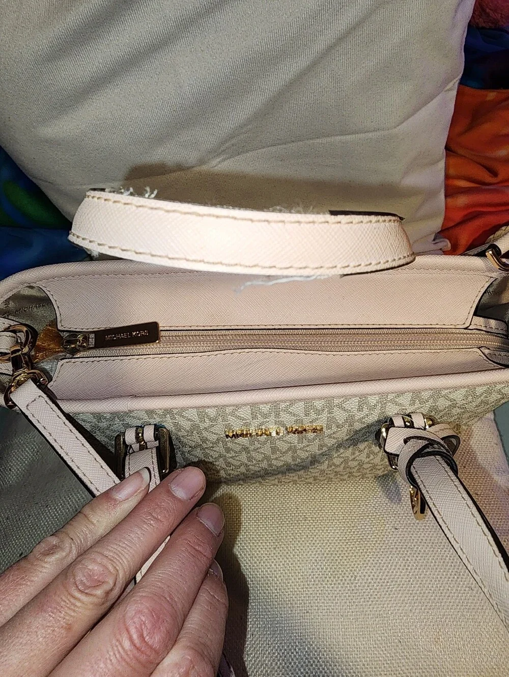 Michael Kors Jet Set Signature Monogram Light Pink and Beige Crossbody Purse